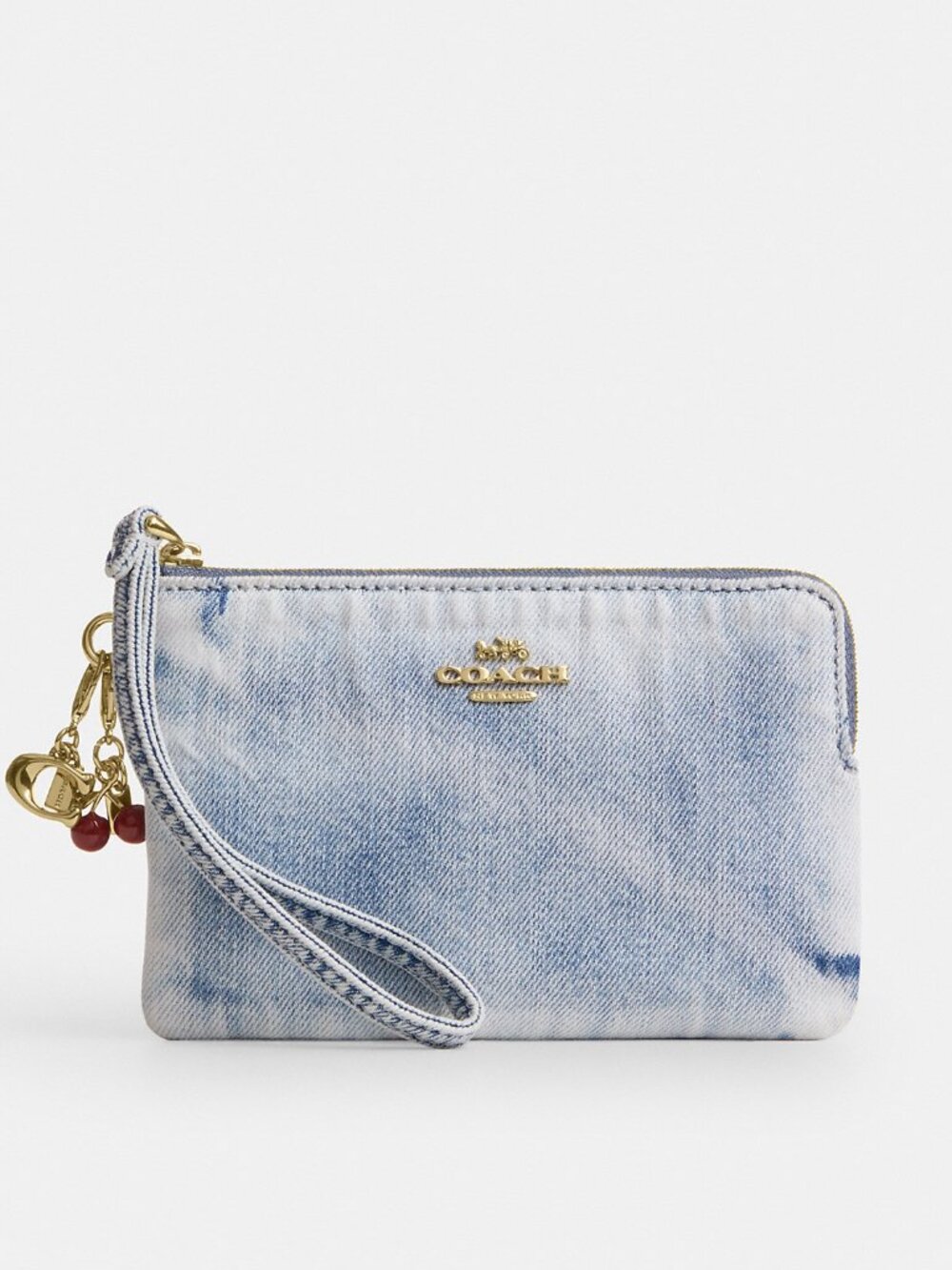 Coach Corner Zip Wristlet In Loved Denim With Charms